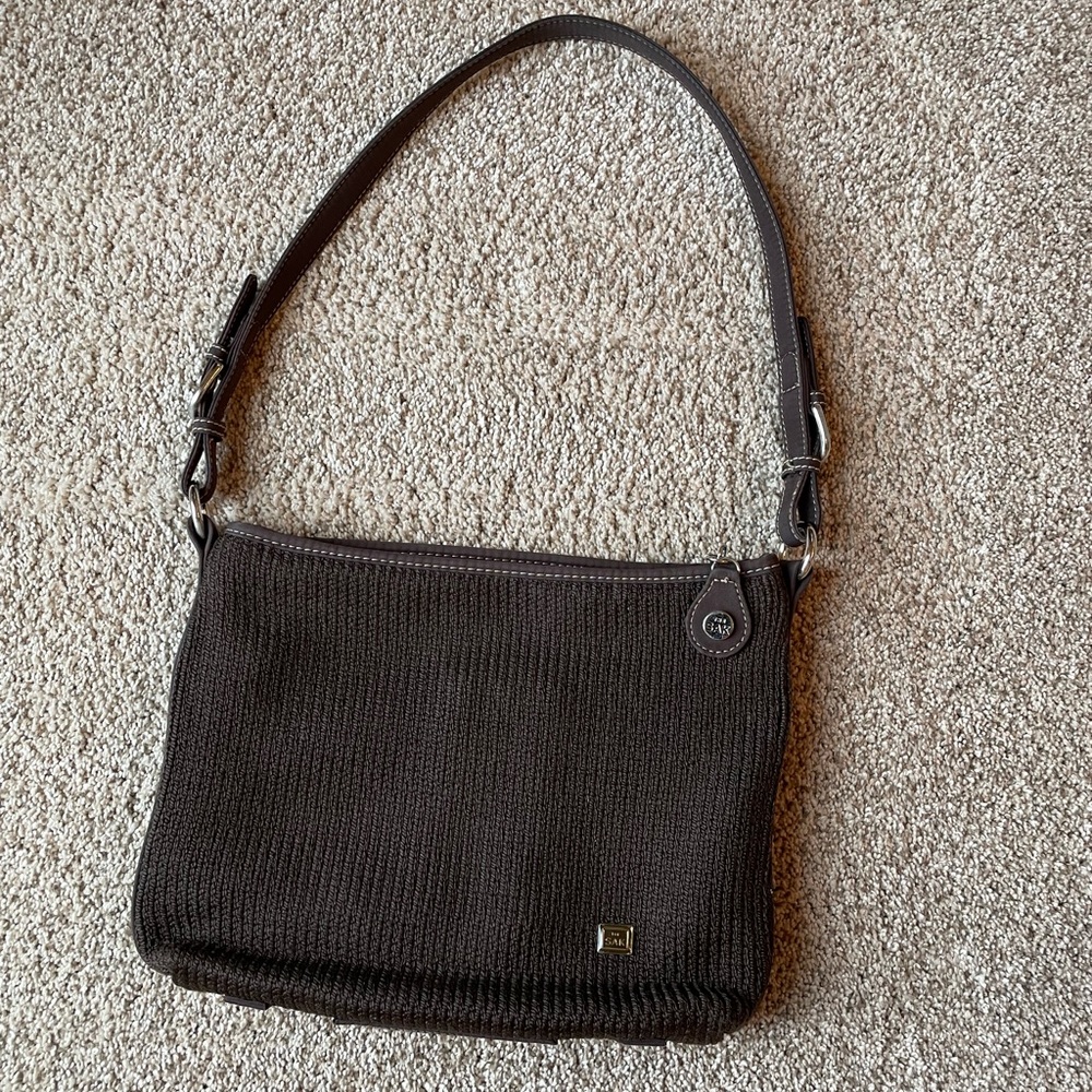 The SAK Crochet and Leather Trim Purse Shoulder Bag Chocolate Brown Zipper Close